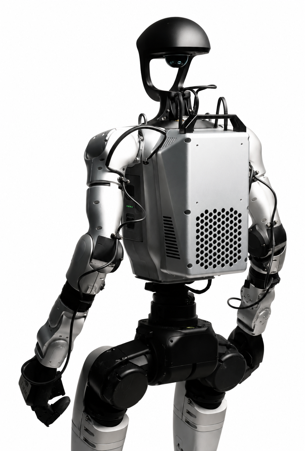 Humanoidinio roboto ALTAS nugaros vaizdas su papildomu įrangos moduliu.